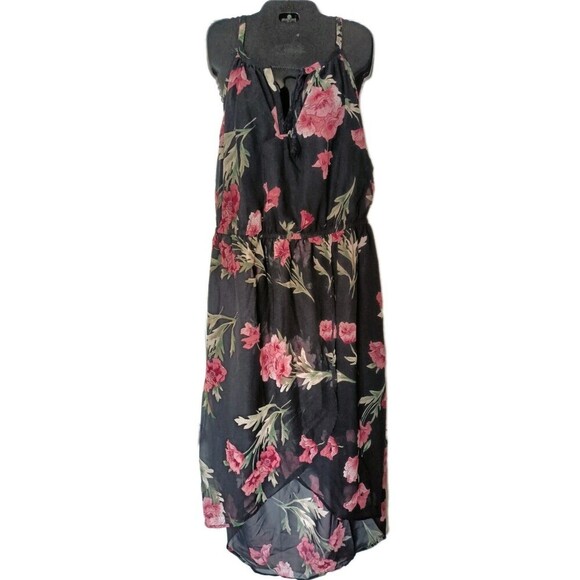 Hint of Blush Tulip Wrap Dress Size 2X Black Floral Ruffle Midi Bloomcore - Picture 1 of 7